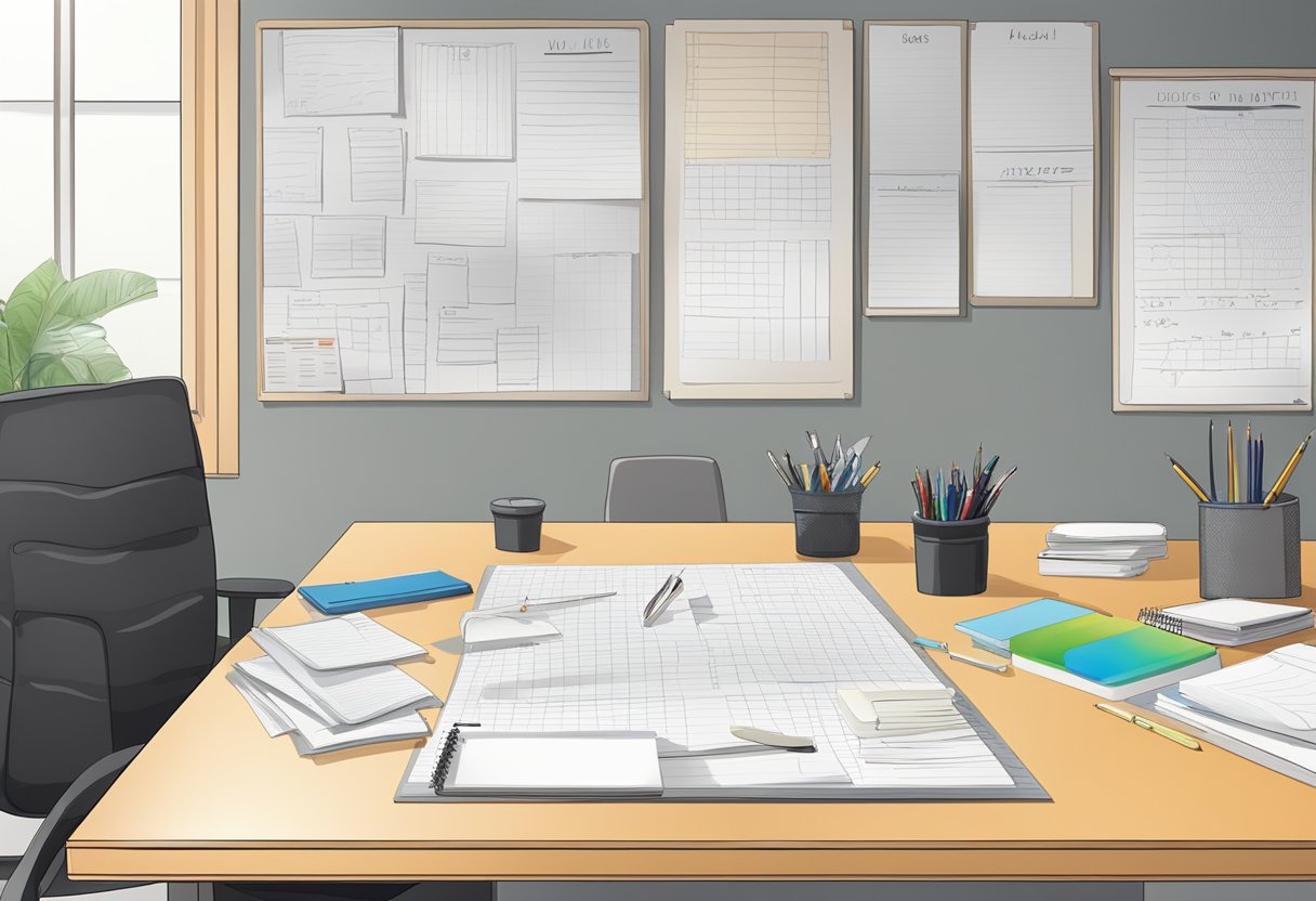 A mesh board hangs on a wall, filled with notes and papers. A desk below holds pens and supplies