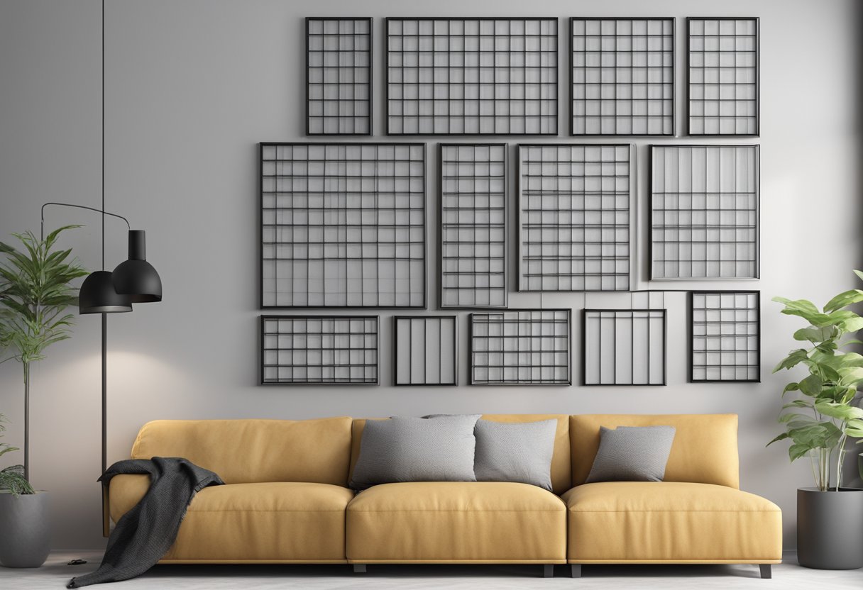 A variety of mesh boards arranged in a grid pattern, each with different sizes and shapes of mesh. The boards are mounted on a wall, creating a visually interesting display