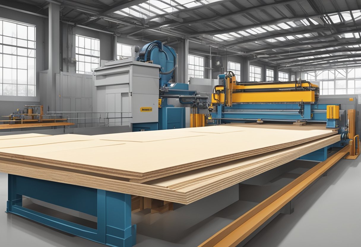 Machines cut, glue, and press thin layers of hardwood veneer to create 18mm plywood sheets in a large industrial factory