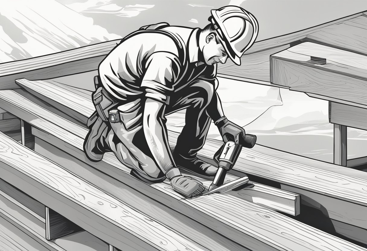 A construction worker installs 25mm marine plywood on a boat deck, using a hammer and nails. The plywood is durable and water-resistant, perfect for marine applications