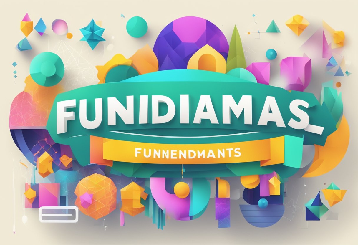 A colorful banner with "Fundamentals" in bold letters, surrounded by geometric shapes and patterns