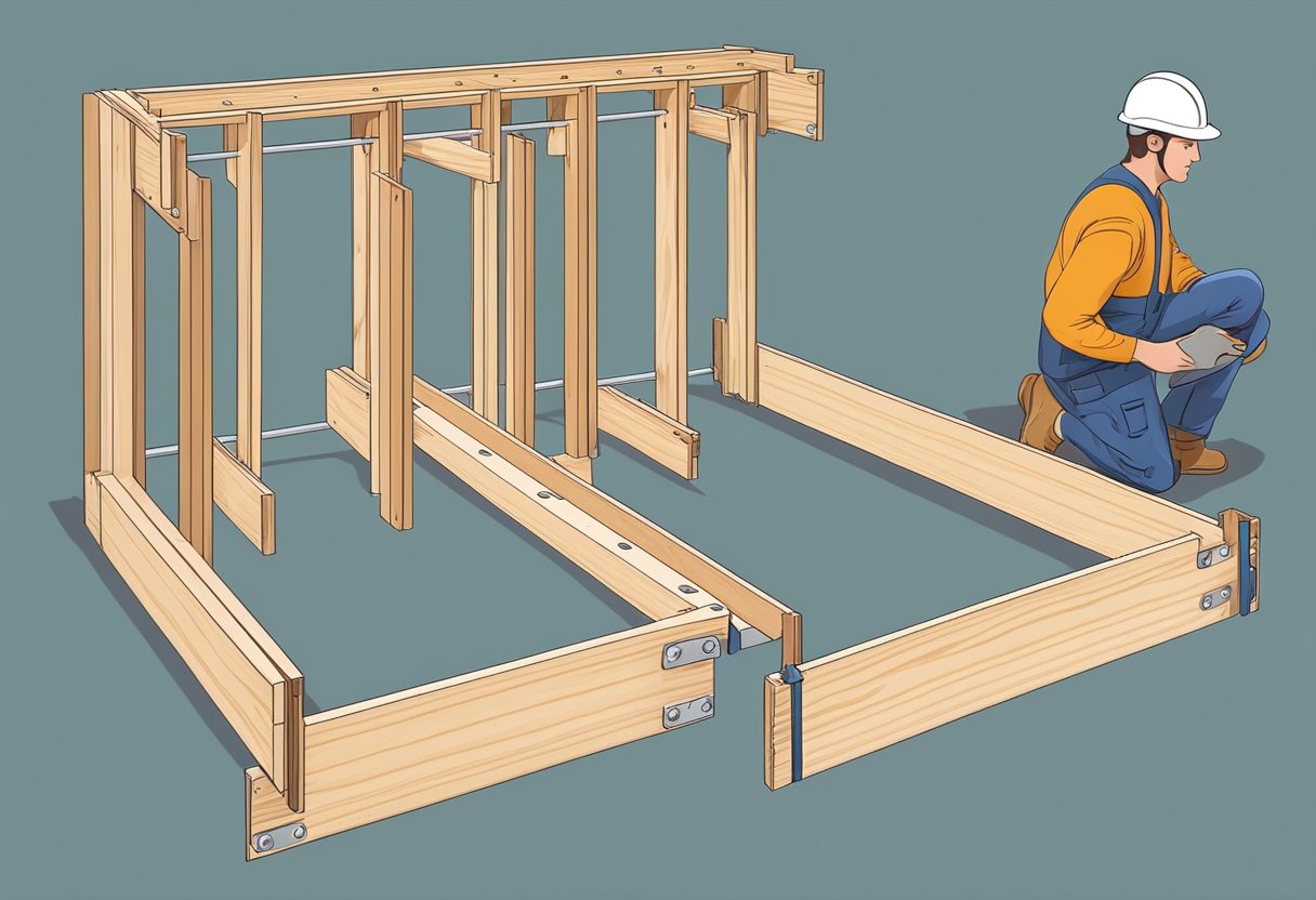 A carpenter installs joist hangers according to guidelines