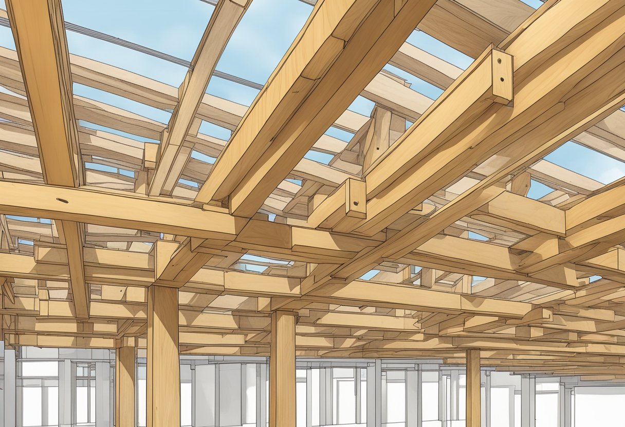 Several LVL joists arranged in a crisscross pattern, supported by beams and columns