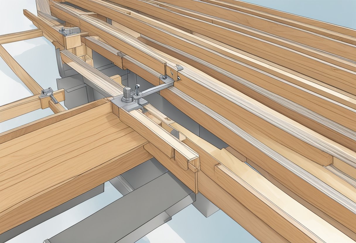 The joists are being carefully measured and cut to ensure proper support for the structure. The focus is on precision and accuracy in the design process