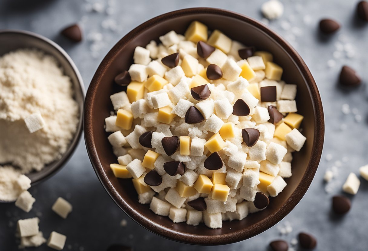 A mixing bowl with flour, sugar, butter, and chocolate chips