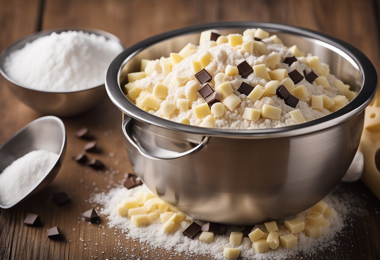 A mixing bowl with flour, sugar, butter, and chocolate chips
