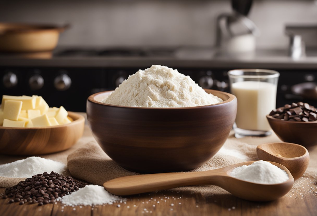 A mixing bowl filled with flour, sugar, butter, and chocolate chips. A wooden spoon stirs the ingredients together. A recipe card sits nearby with baking instructions