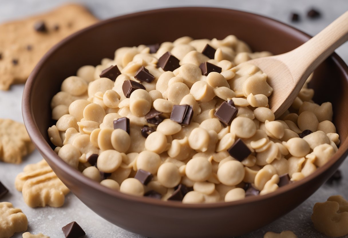 A mixing bowl filled with flour, peanut butter, sugar, and chocolate chips. A wooden spoon stirs the ingredients into a thick, creamy cookie dough