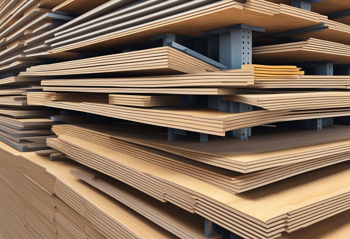 A stack of CD plywood sheets arranged neatly on a warehouse shelf