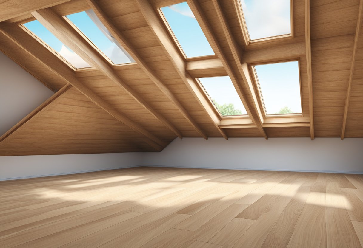 Chipboard loft panels stacked in a neat pile, with visible wood grain and smooth edges, placed in a spacious attic with natural light filtering in from a window