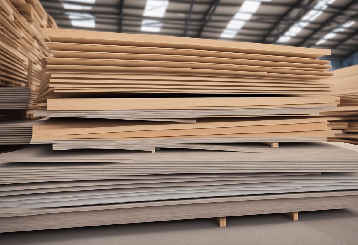 A stack of coated plywood sheets in various colors and textures, neatly arranged in a warehouse setting