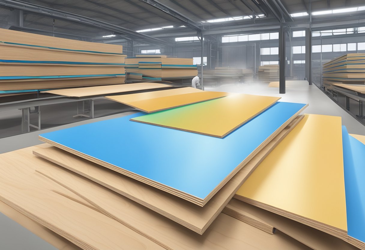 Plywood sheets being coated with protective sealant in a factory setting