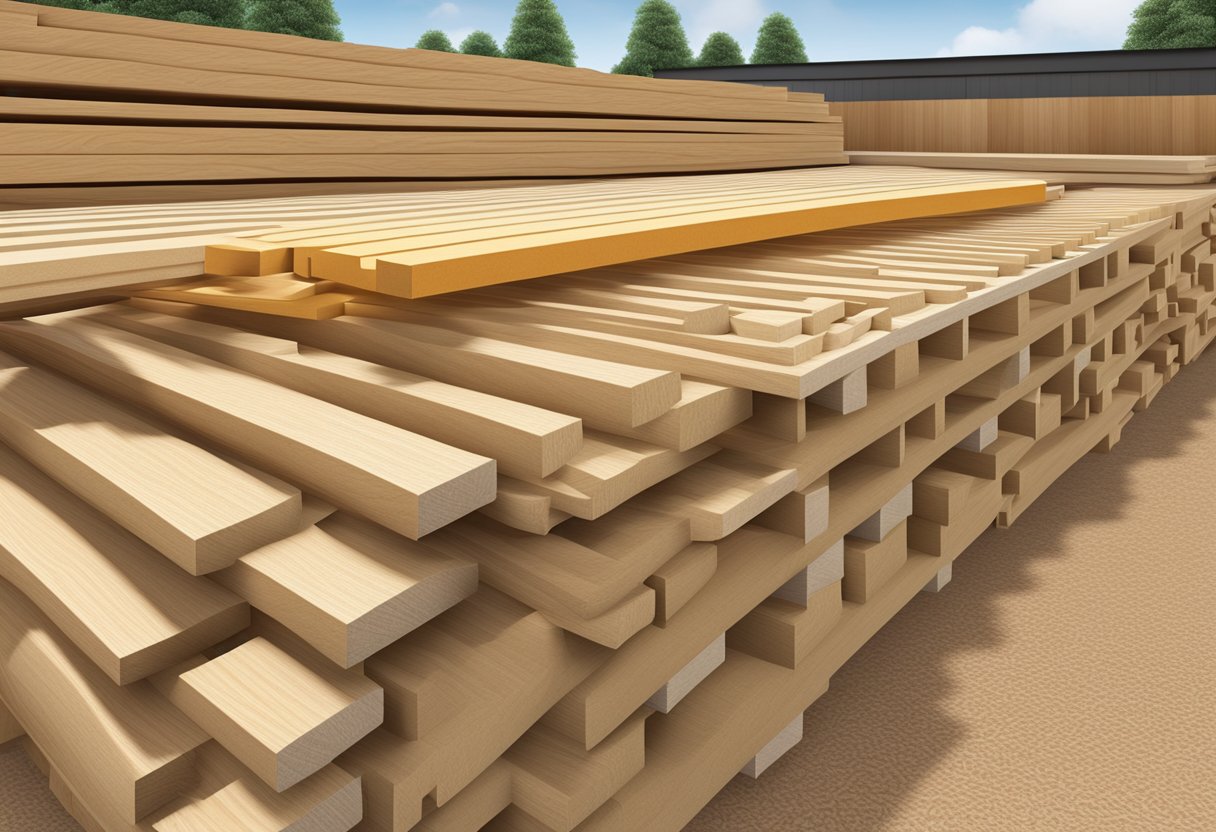 Engineered wood beams stacked neatly in a construction site, showcasing their strength and versatility