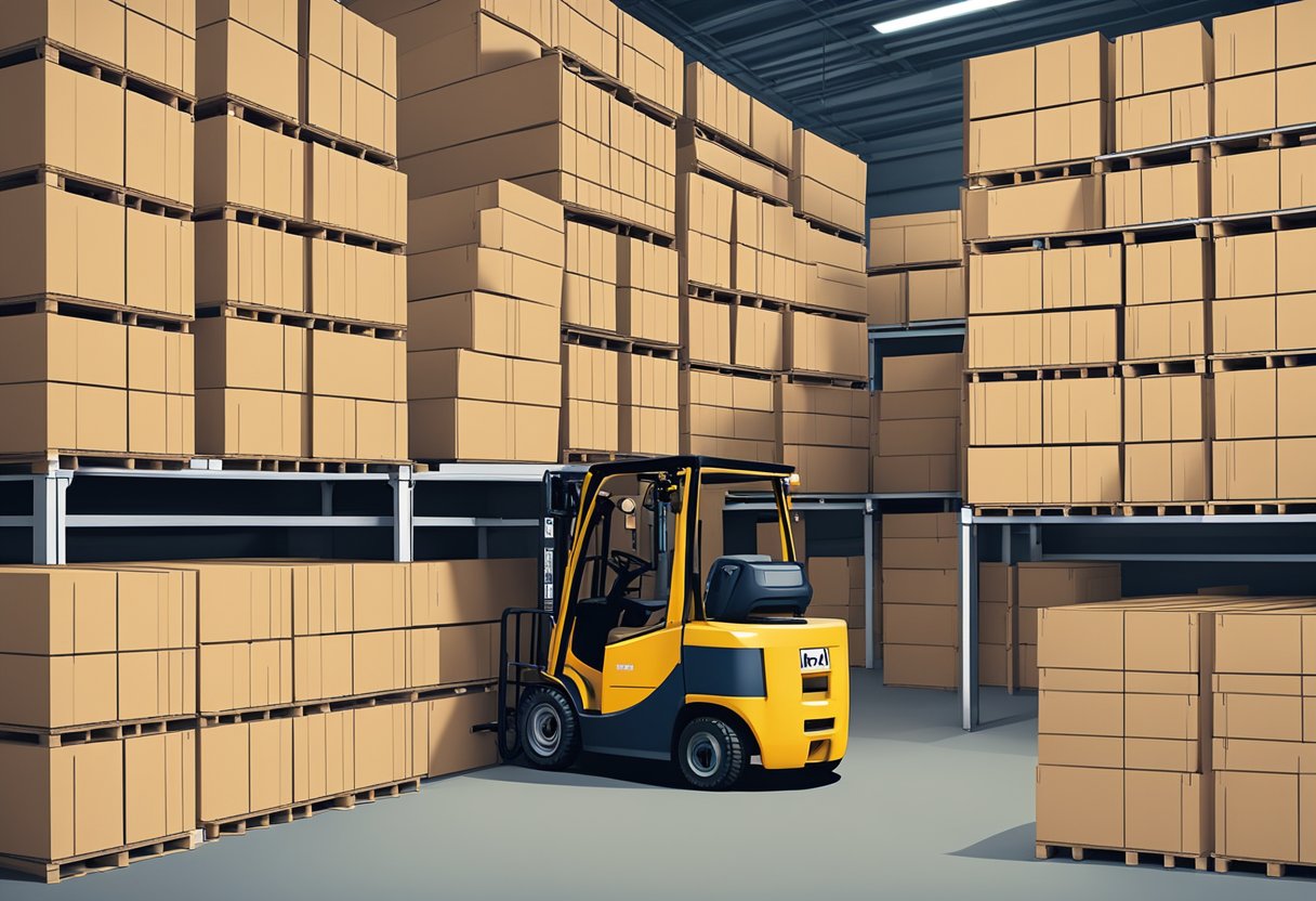 A stack of HPL plywood sheets in a warehouse, labeled and neatly arranged, with a forklift in the background