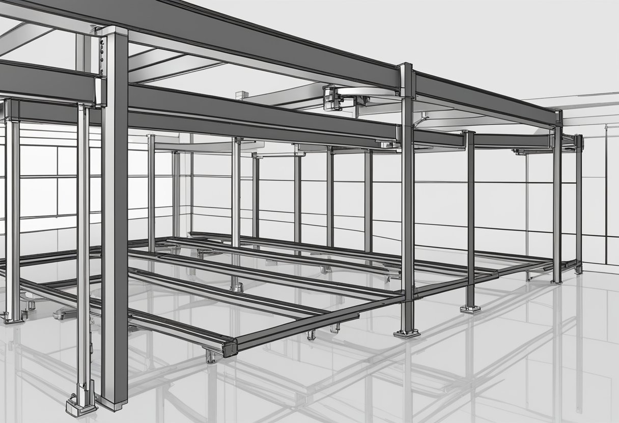 A sturdy LVL support beam spans the width of the room, secured at both ends with metal brackets. The beam is straight and level, supporting the weight of the structure above