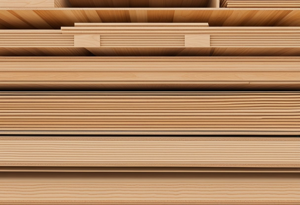 Various types of non-structural plywood stacked in a lumberyard, labeled and organized by thickness and grade