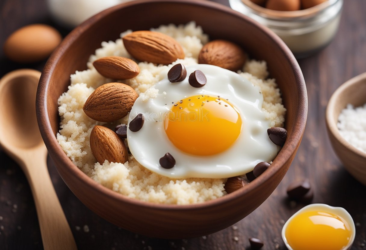 A mixing bowl filled with almond flour, coconut sugar, chocolate chips, and eggs. A wooden spoon stirs the ingredients together