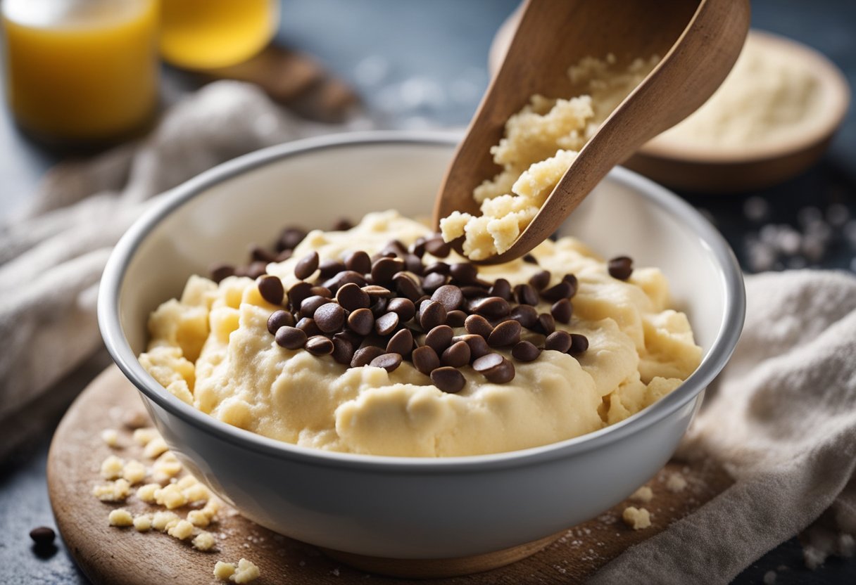 A mixing bowl filled with gluten-free flour, sugar, chocolate chips, and melted butter. A spoon stirs the ingredients together, forming a thick cookie dough