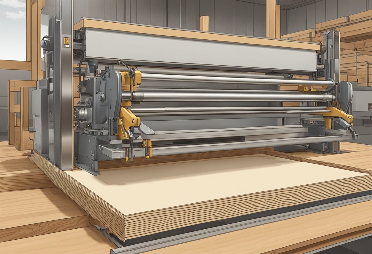 Machines press and bond thin layers of wood with adhesive to create non-structural plywood sheets. Saw blades cut the finished product to size