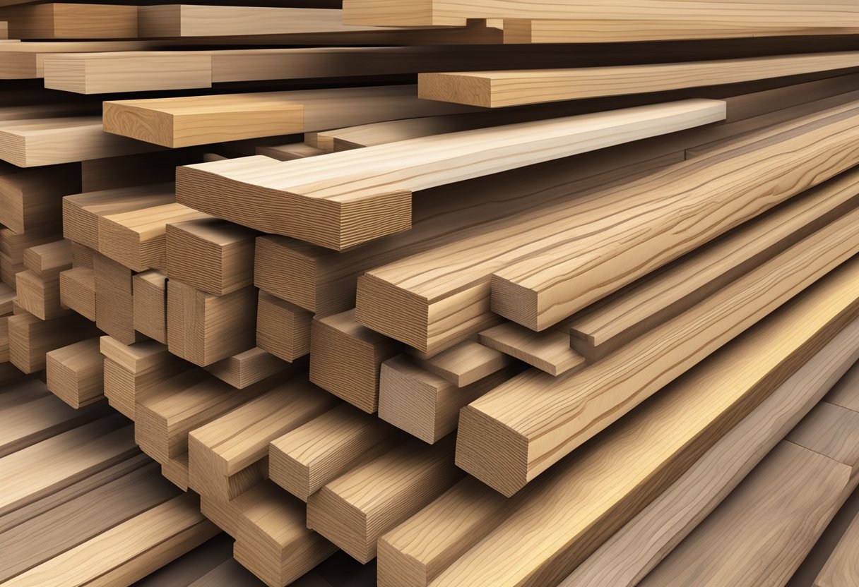 A stack of structural wood beams, varying in length and thickness, arranged in a warehouse with visible wood grain and natural color variations