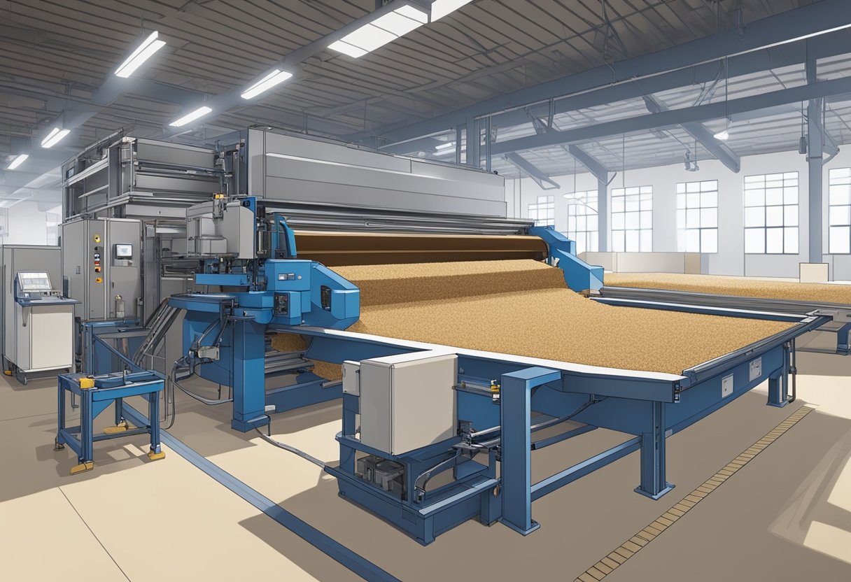 Machines cut, press, and laminate 22mm chipboard in a factory setting. Sawdust fills the air as the boards move along conveyor belts