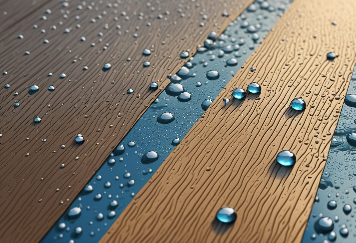 An anti-slip plywood sheet lies on a wet surface, with water droplets forming on its textured surface