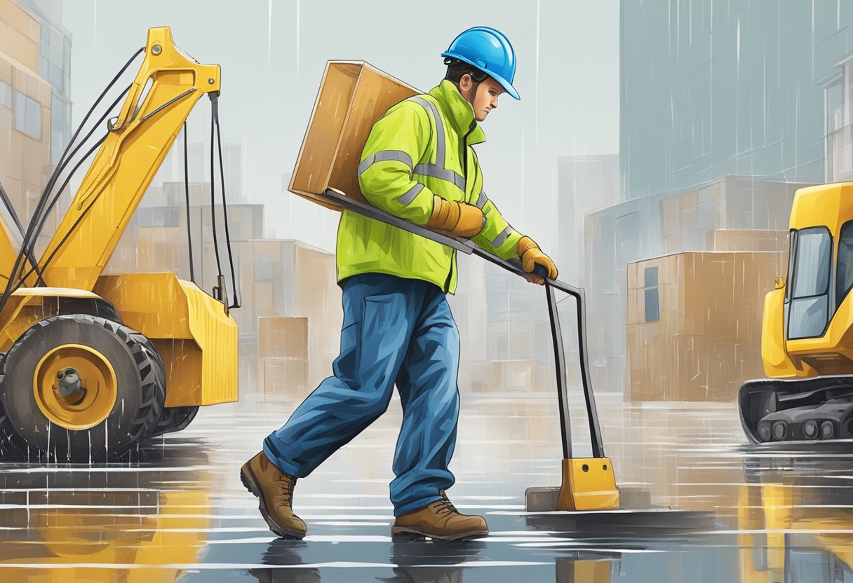 A worker effortlessly walks across a wet surface on anti-slip plywood, confidently carrying heavy equipment without fear of slipping