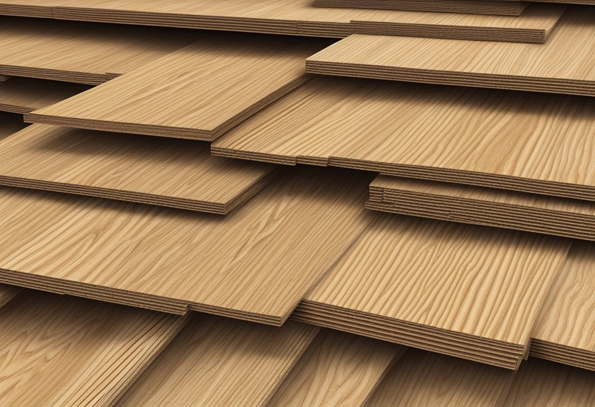 A stack of chipboard flooring panels arranged in a neat row, with visible wood grain and smooth edges