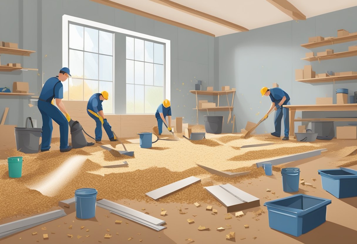 Workers laying chipboard flooring in a room with tools and materials scattered around. Sawdust and wood shavings cover the floor