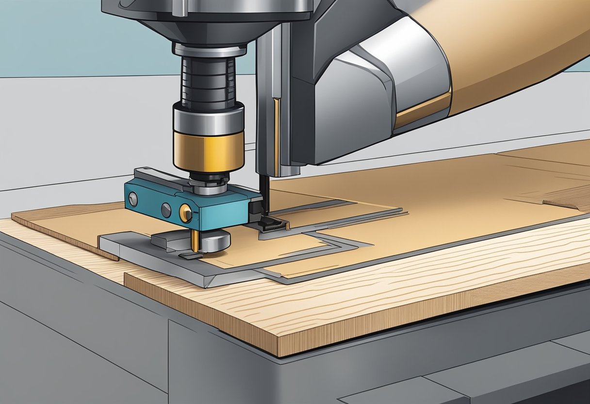 A close-up of a machine cutting a precise groove into a sheet of MDF