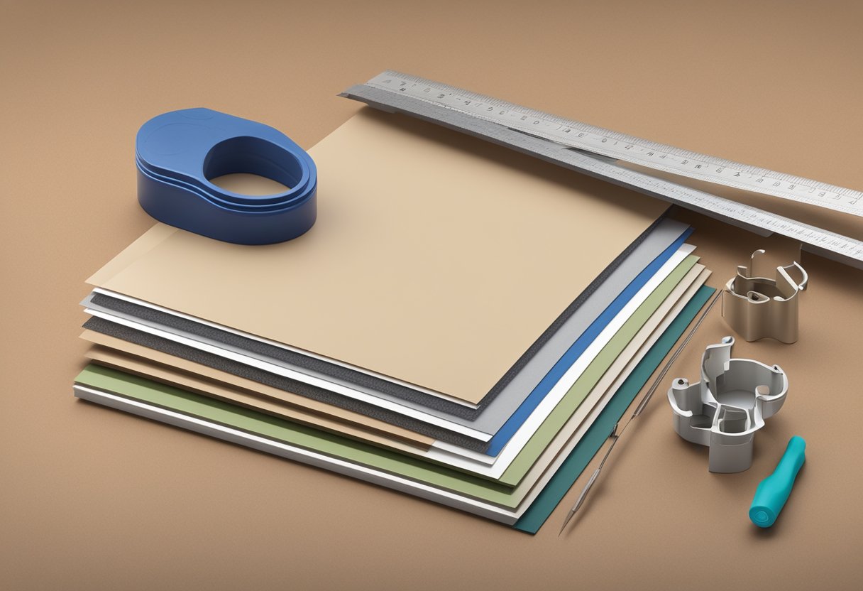 A stack of moisture resistant chipboard sheets arranged on a work surface, with cutting tools and measuring instruments nearby