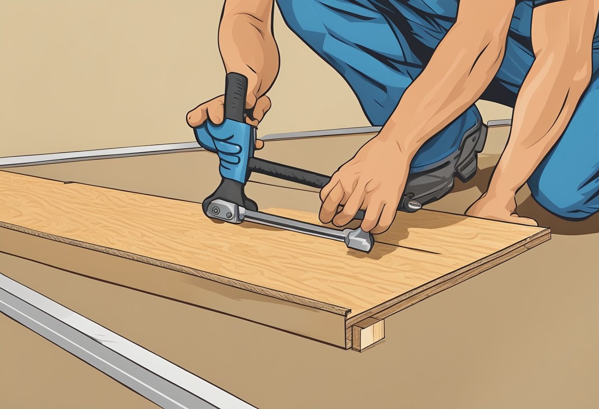 A construction worker installing T&G OSB on a subfloor with a hammer and nails