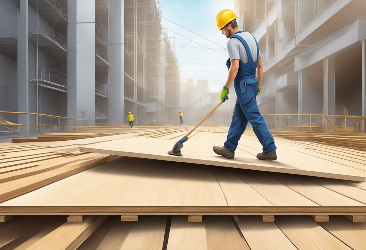 A worker easily walks across the antislip plywood on a construction site, confidently carrying heavy materials without fear of slipping or falling