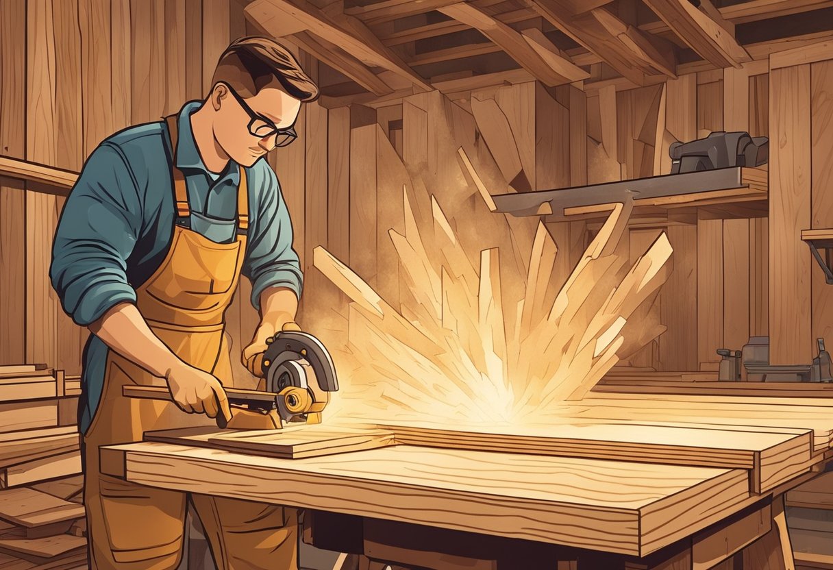 A carpenter cuts hoop pine plywood with a table saw in a well-lit workshop. Sawdust fills the air as the wood is shaped into precise pieces