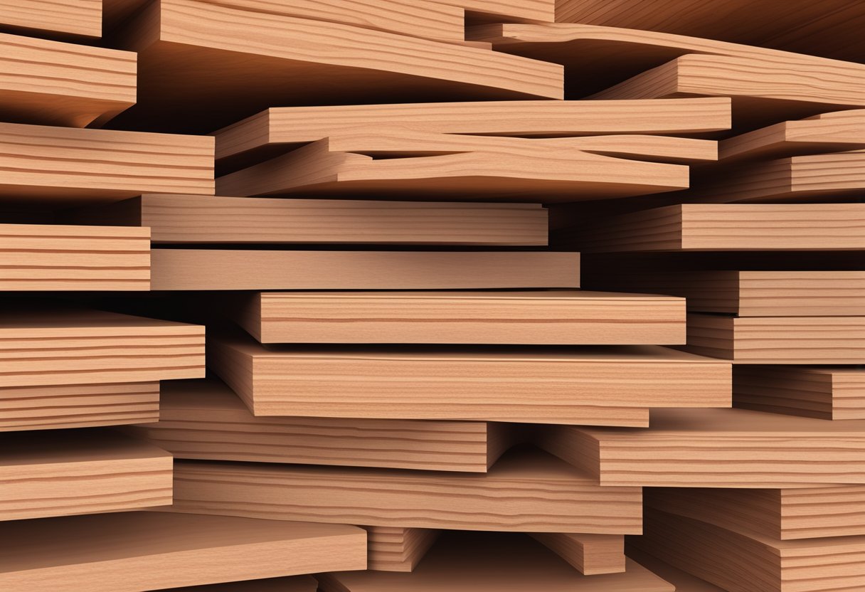 A stack of sapele plywood sheets neatly arranged in a warehouse, showing the rich reddish-brown color and distinctive grain pattern