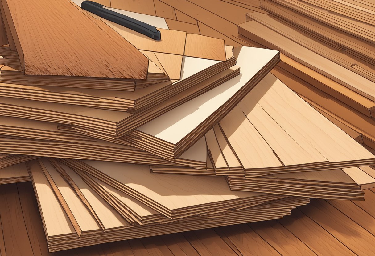 Sapele plywood sheets stacked in a woodworking workshop, with tools and sawdust scattered around