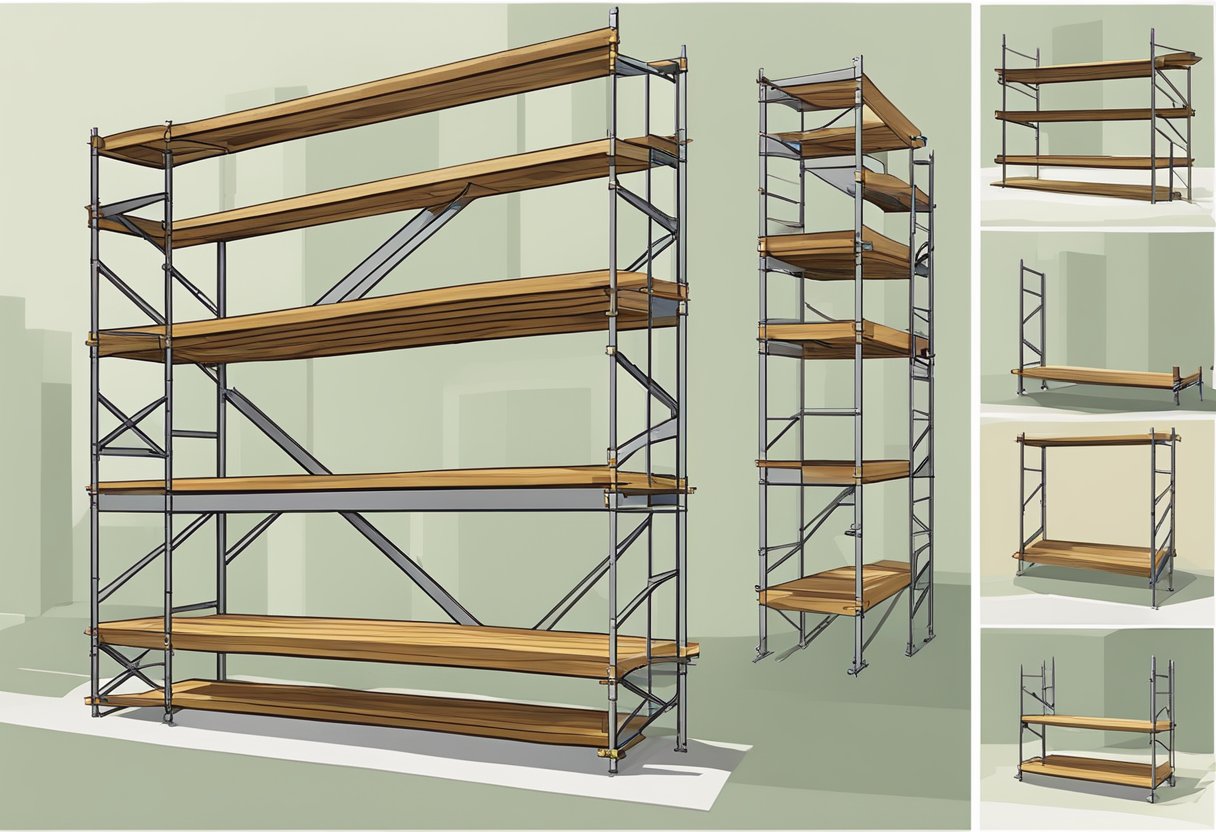 Multiple scaffold plank shelves arranged in various configurations, showcasing their versatility and strength