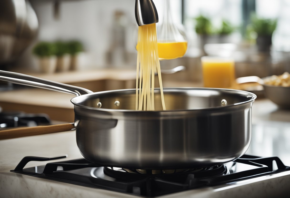 A saucepan with butter melting over low heat, a whisk stirring the bubbling liquid until it turns golden brown