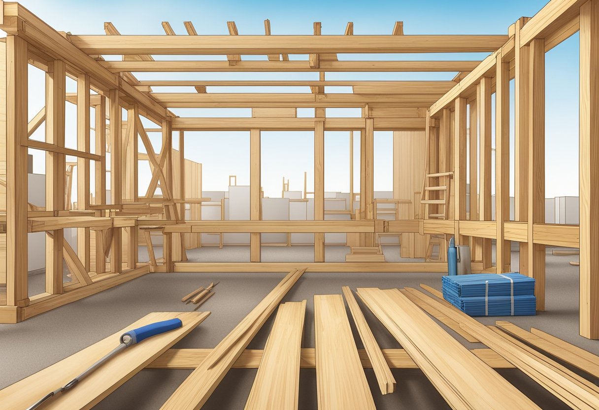 A wooden framing LVL stands upright against a backdrop of construction materials and tools