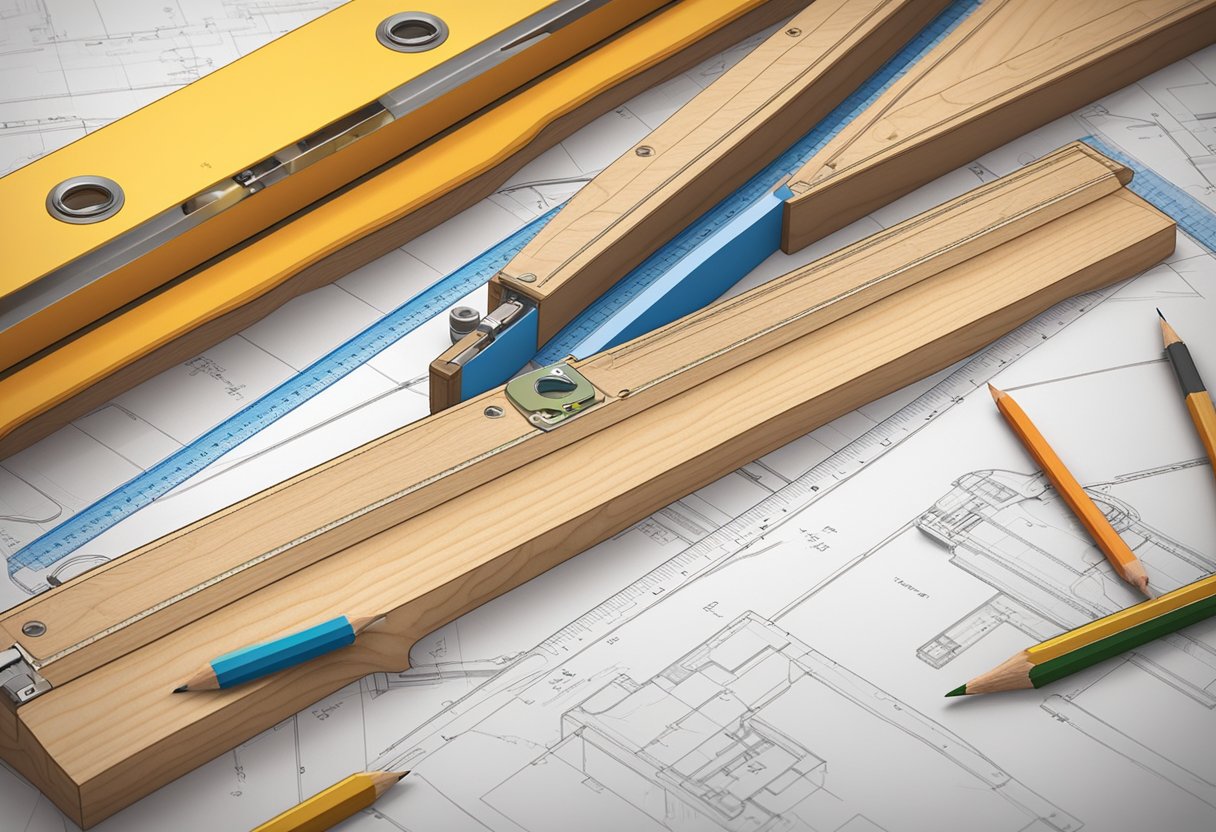 A wooden framing level sits on a table, surrounded by measuring tape, pencils, and blueprints. The level is positioned diagonally, with the bubble centered between the two lines