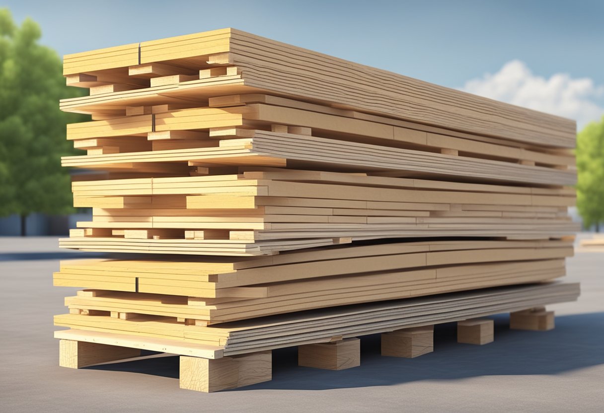 Plywood sheets stacked neatly on pallets, wrapped in plastic, ready for shipping