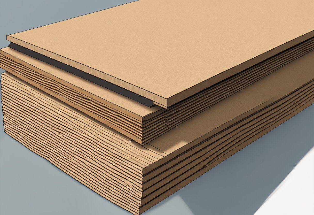 A stack of raw MDF boards in a workshop, showing the textured surface and edges