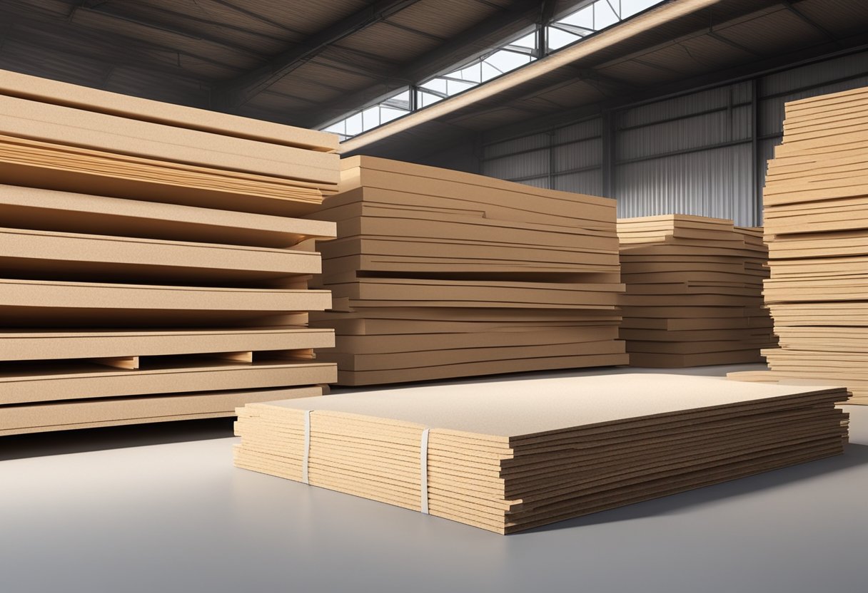 A stack of raw MDF boards sits in a warehouse, waiting to be used for various applications. Sawdust covers the ground, and the scent of wood fills the air