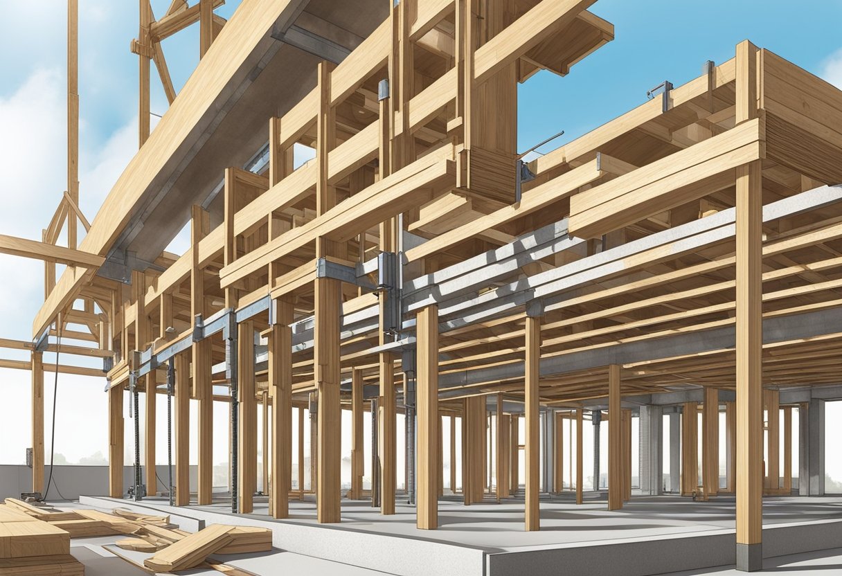 Formply F17 being used to construct sturdy formwork for a concrete structure. Timber panels cut and assembled on-site by workers