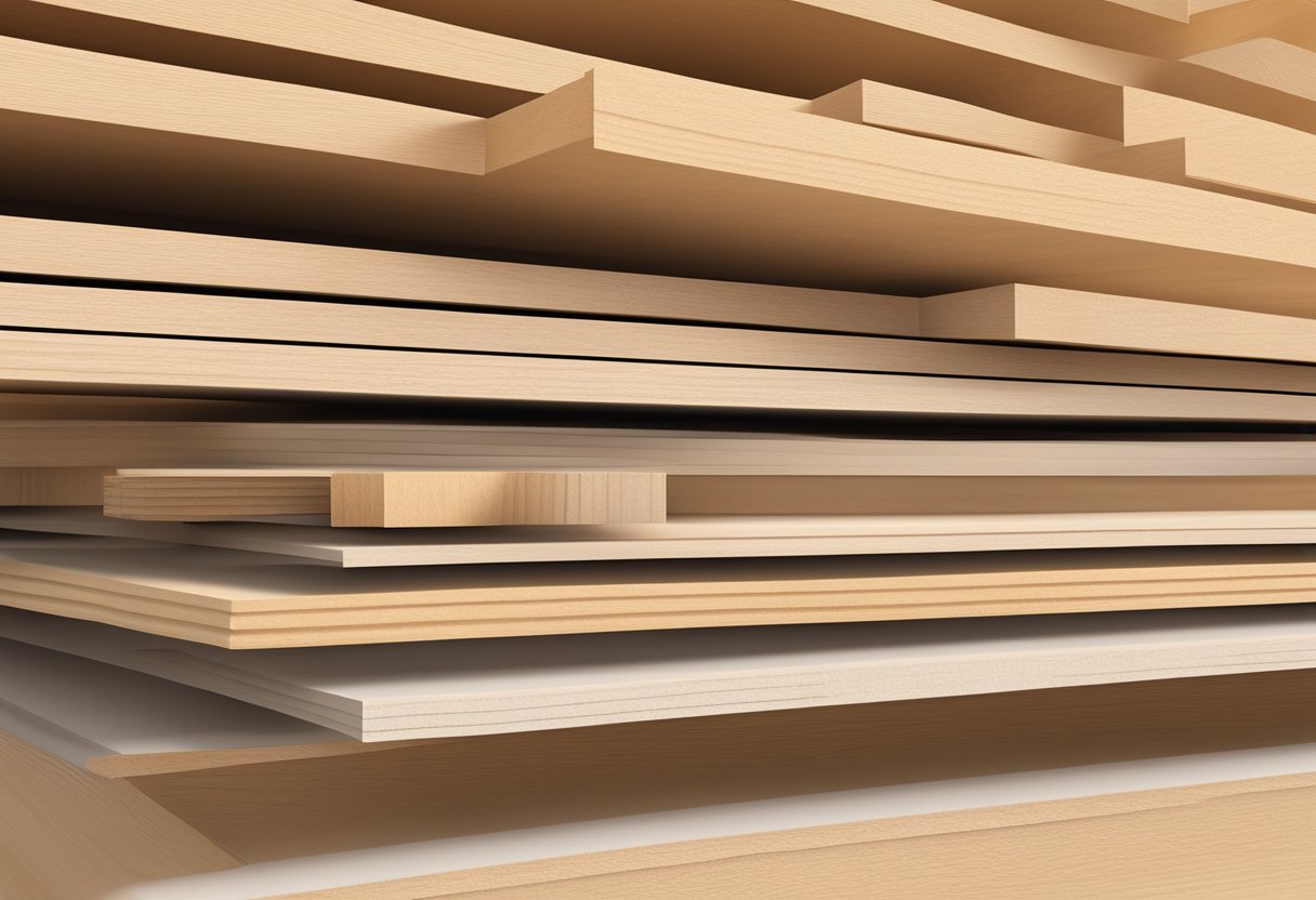 A stack of combi core plywood sheets arranged in a neat and orderly manner, showcasing the different layers and textures of the material