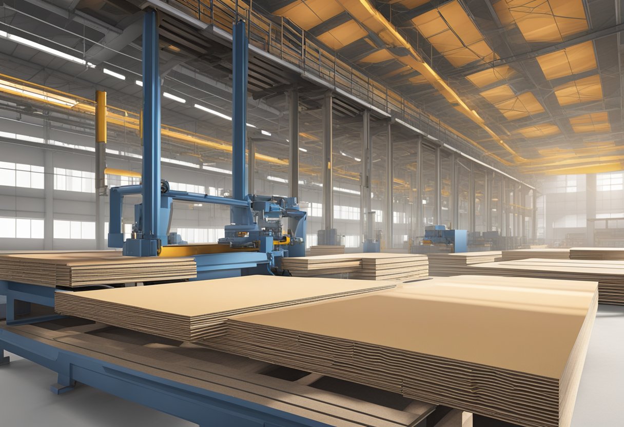 Plywood sheets being pressed together with combi core layers in a manufacturing plant