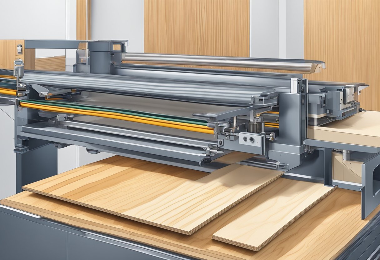 Machines press layers of wood and adhesive to create flexible plywood sheets