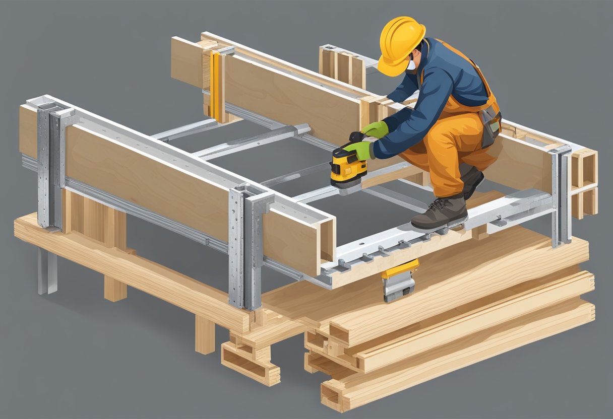 A construction worker assembling LVL formwork on a concrete slab. The formwork consists of sturdy wooden panels and metal supports