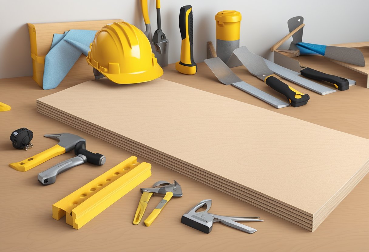 Non-slip plywood with textured surface for grip, in a construction setting with tools and materials nearby