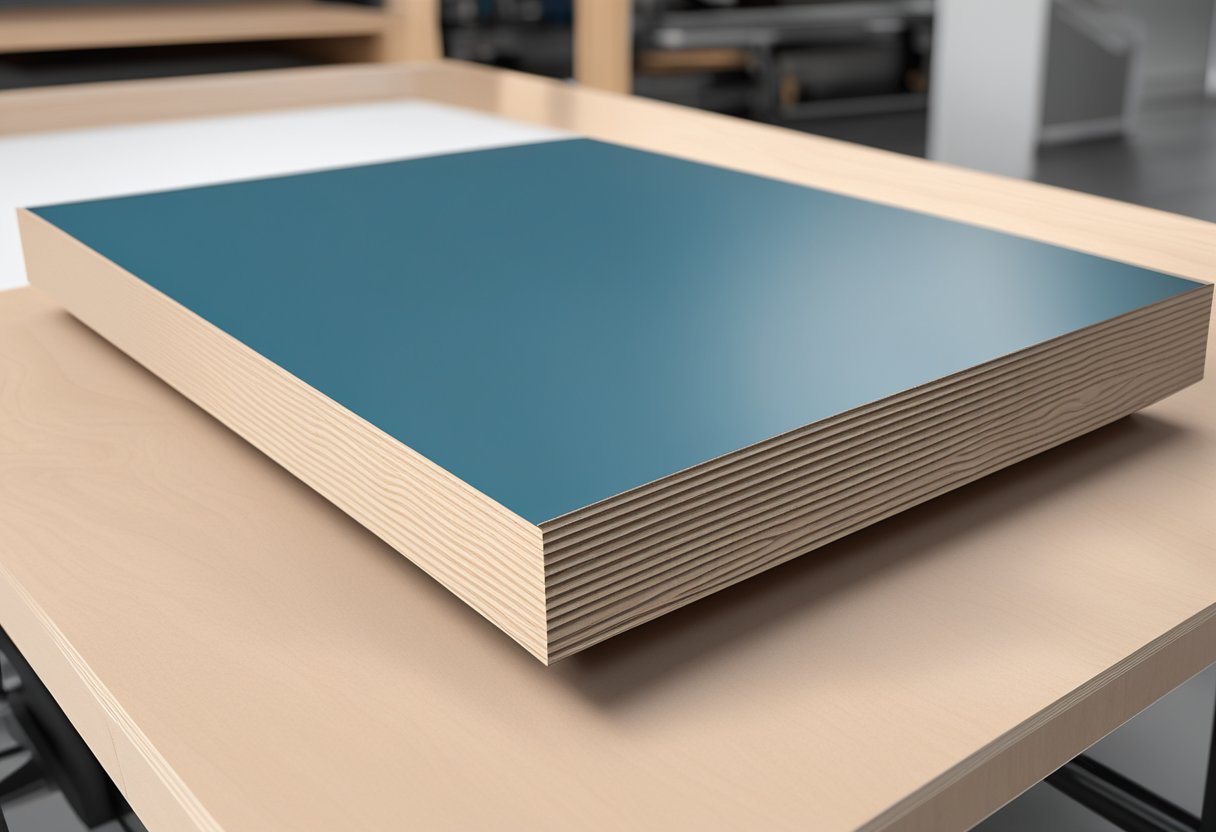 A sheet of polyester plywood lies flat on a workbench, with its smooth surface reflecting the overhead light. The edges are clean and straight, and the material appears sturdy and ready for use